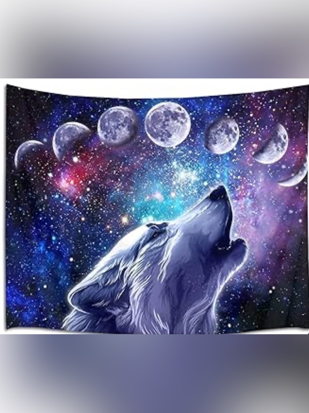 Mystic Wolf Galaxy Moon Cycle Wall Tapestry
